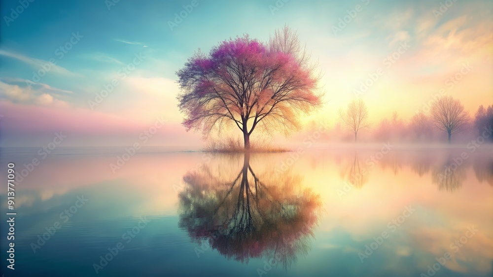 Fototapeta premium Fantasy tree with pastel colors reflecting in a lake with fog , fantasy, tree, pastel colors