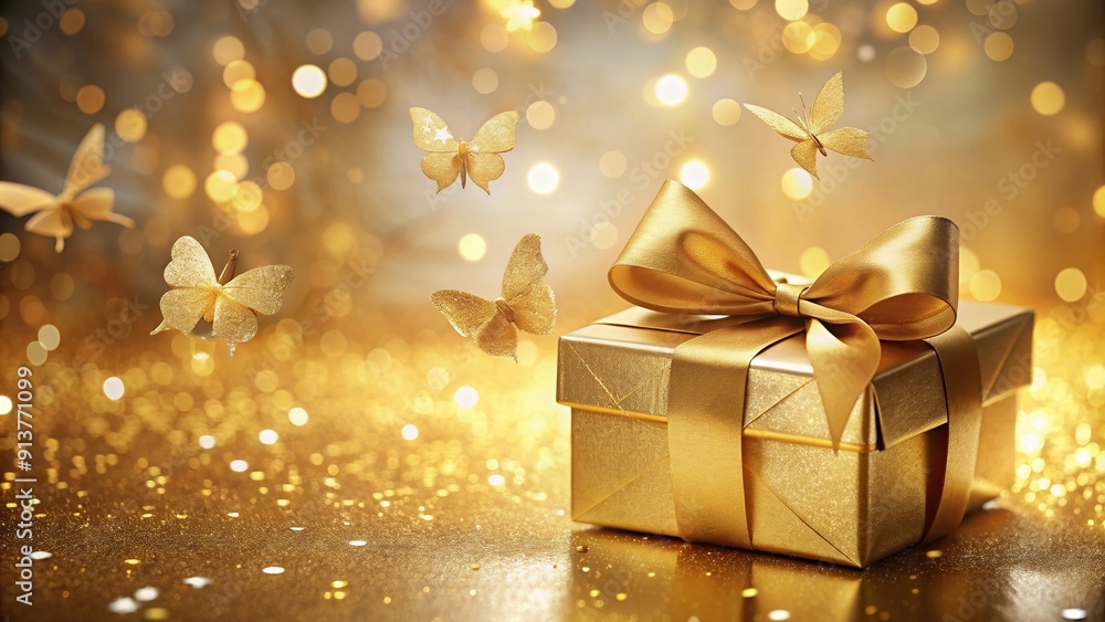 Gold gift box with ribbon on background with bokeh and butterflies. Shining luxury concept, gold, gift box, ribbon Gold gift box with ribbon on background with bokeh and butterflies. Shining luxury concept, gold, gift box, ribbon