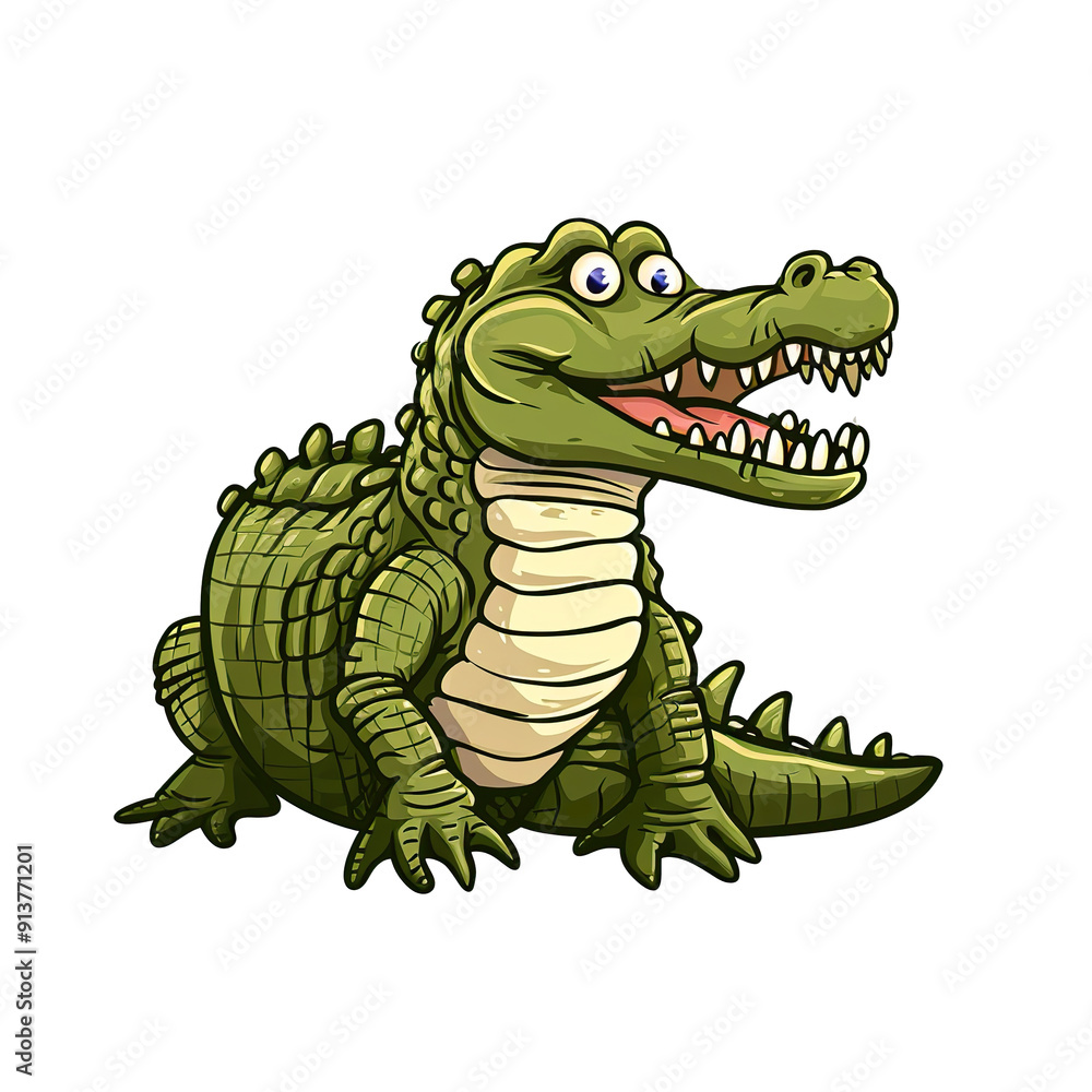 Obraz premium Cartoon Illustration of a Green Crocodile with Open Mouth, generative ai image