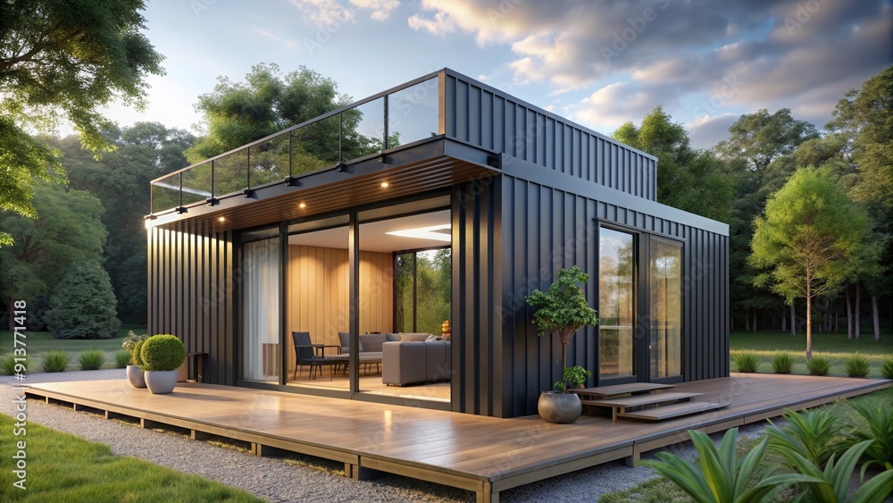 Obraz premium Modern shipping container house with sleek minimalist design and clever container reuse
