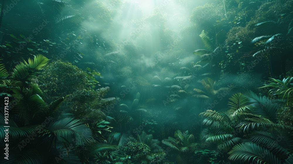 Obraz premium A forest teeming with numerous green plants and ample sunlight filtering through canopy above