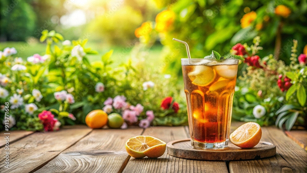 A refreshing glass of ice tea sitting on a rustic table in a beautiful garden setting , summer, relaxation, outdoor, drink A refreshing glass of ice tea sitting on a rustic table in a beautiful garden setting , summer, relaxation, outdoor, drink