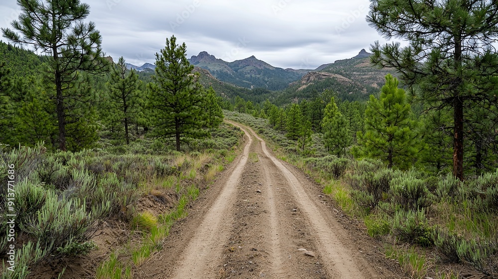 Path through a remote landscape with pine cones and rugged topography, providing a serene and natural scene with ample copy space for text or design elements Path through a remote landscape with pine cones and rugged topography, providing a serene and natural scene with ample copy space for text or design elements
