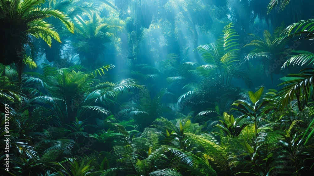 A forest teeming with numerous green plants, trees bearing branches bathed in abundant sunlight A forest teeming with numerous green plants, trees bearing branches bathed in abundant sunlight