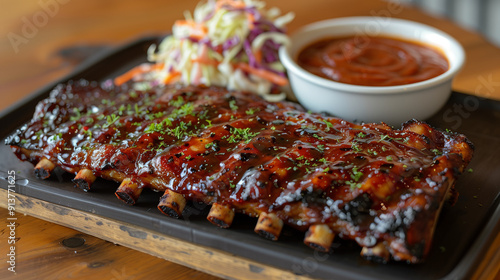 delicious texas bbq smoked pork ribs glazed with rich barbecue sauce served with a colorful coleslaw, presented on a rustic wooden table, perfect for a backyard cookout