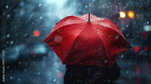 A red and orange umbrella held high, shielding someone from the rain as they walk through the city at night