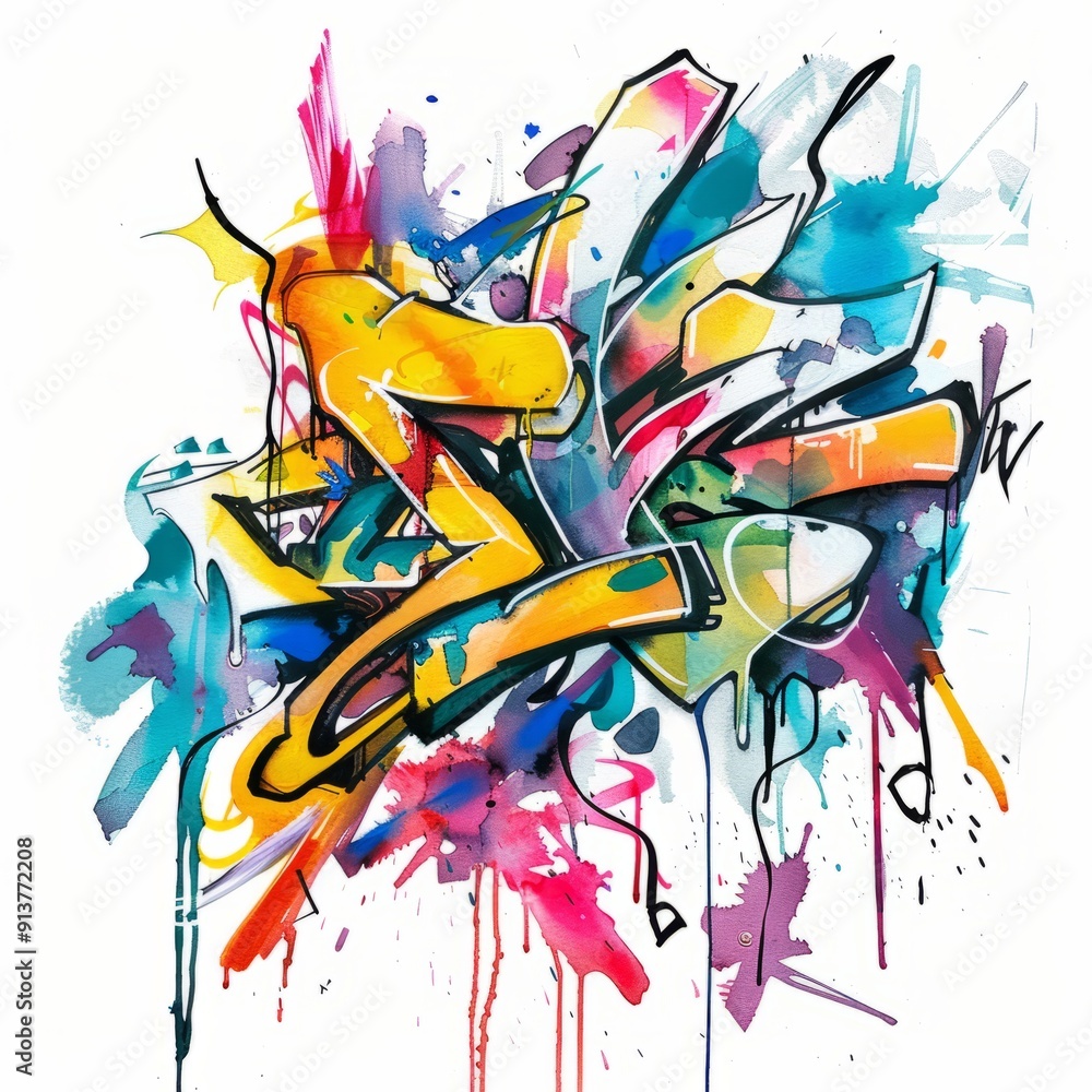 Naklejka premium Watercolor painting of a graffiti mural with bold strokes, on isolated white background
