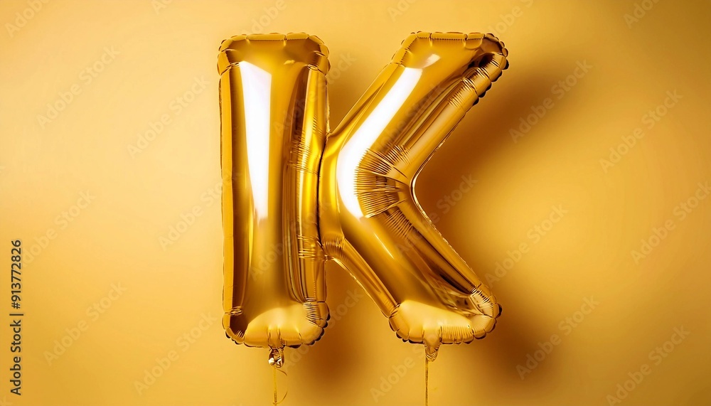 Gold foil balloon shaped like the letter 'K' on a yellow background, ideal for celebrations, parties, and events. Gold foil balloon shaped like the letter 'K' on a yellow background, ideal for celebrations, parties, and events.