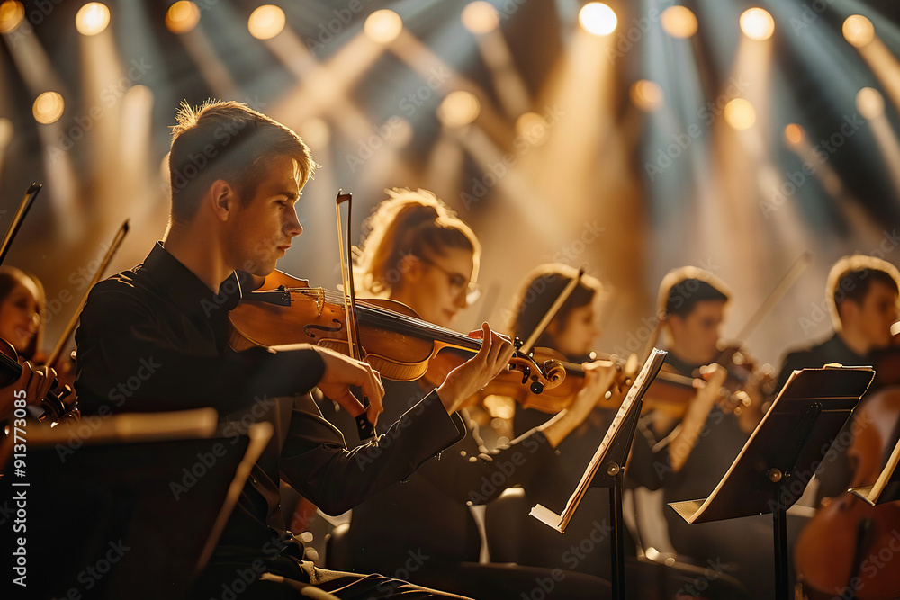 Fototapeta premium Concert of a symphony orchestra in the bright rays of spotlights. Generated by artificial intelligence