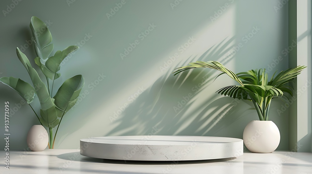 Abstract empty white podium with green leaves on green background Mock up stand for product presentation 3D Render Minimal concept Advertising template Abstract empty white podium with green leaves on green background Mock up stand for product presentation 3D Render Minimal concept Advertising template