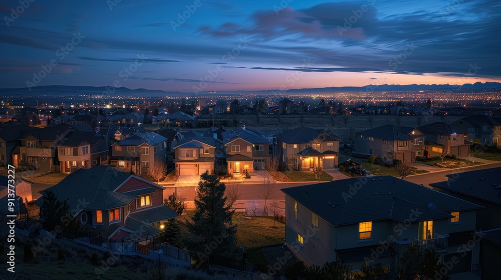 Obraz premium Suburban houses in a residential neighborhood glow with warm light at dusk under a twilight sky.