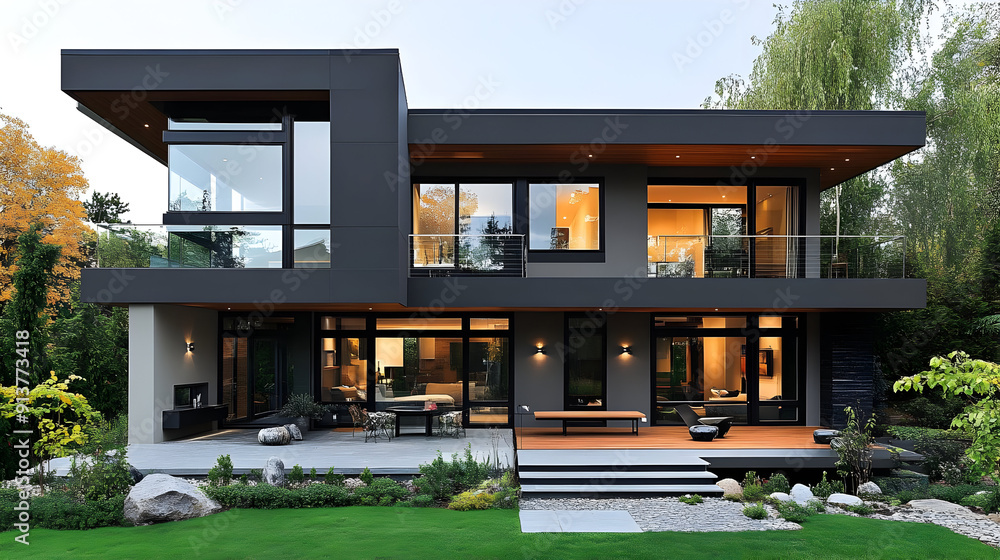 Modern Black House with Large Windows and Patio - Photo Modern Black House with Large Windows and Patio - Photo