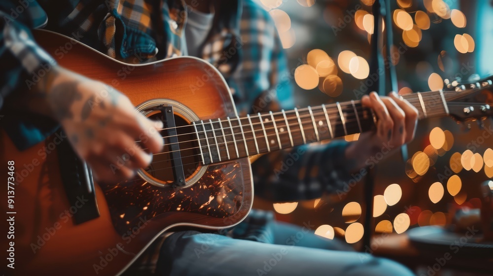 Obraz premium A man plays an acoustic guitar in front of a microphone and a Christmas tree adorned with lights