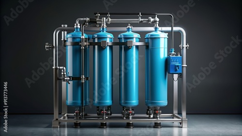 Cyan industrial water filtration system purifying water on charcoal background, industrial, water, filtration, system