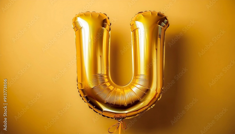 Gold foil balloon shaped like the letter 'U' on a yellow background, ideal for celebrations, parties, and events. Gold foil balloon shaped like the letter 'U' on a yellow background, ideal for celebrations, parties, and events.