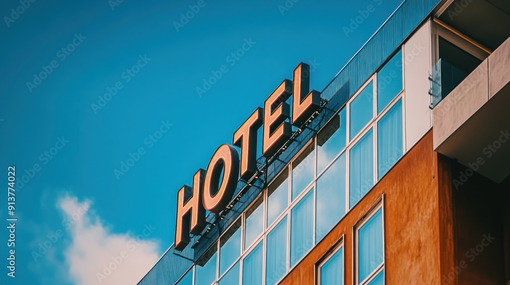 Hotel exterior with a sign HOTEL on the building facade and a blue sky background. Modern luxury hotel building skyscraper design, architectural concept for a travel and business landmark. Hotel exterior with a sign HOTEL on the building facade and a blue sky background. Modern luxury hotel building skyscraper design, architectural concept for a travel and business landmark.