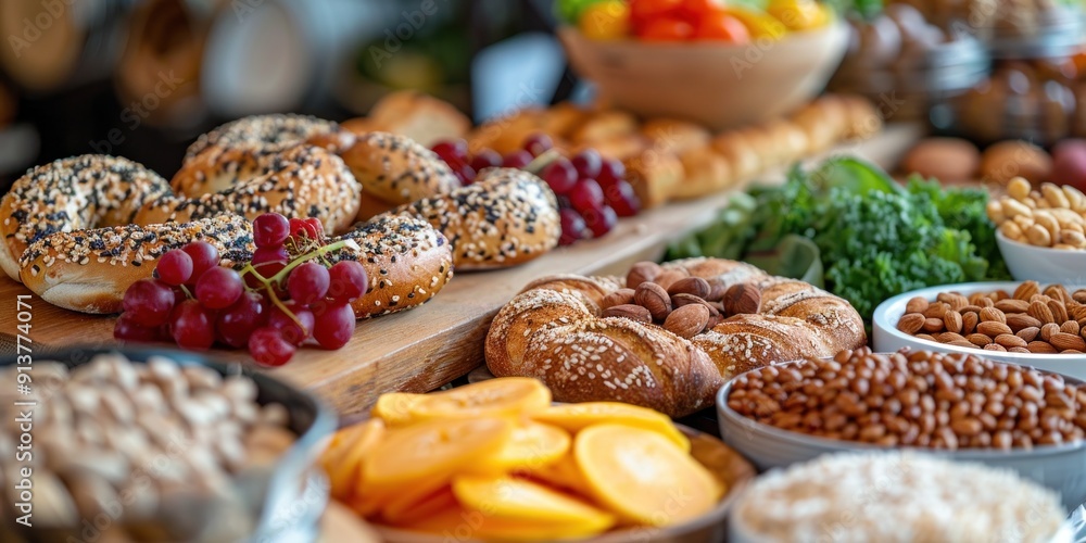 A Delicious Spread of Bread, Fruit, and Nuts A Delicious Spread of Bread, Fruit, and Nuts
