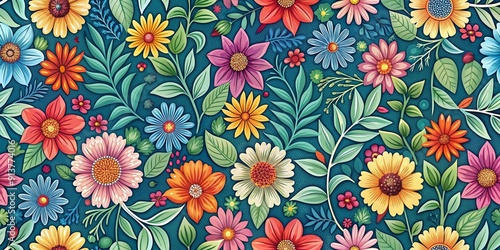 Elegant seamless pattern with colorful flowers and leaves, floral, botanical, blooms, nature, repetitive, decorative