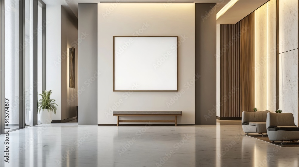 A sleek corporate lobby showcases modern design elements, highlighted by a blank signage mockup at its center, inviting branding possibilities A sleek corporate lobby showcases modern design elements, highlighted by a blank signage mockup at its center, inviting branding possibilities
