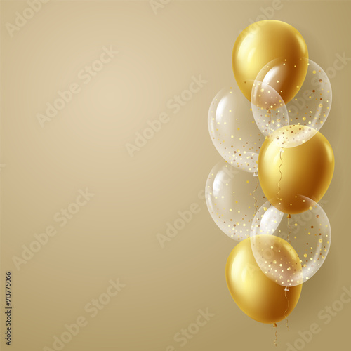 Golden and transparent balloon on beige background. Square festive background with copy space. Vector illustration.