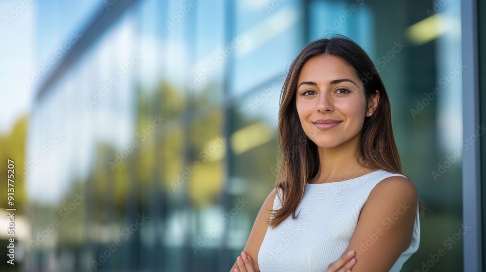 A confident Hispanic businesswoman stands with arms crossed outside a contemporary glass office building, projecting professionalism and poise under natural daylight A confident Hispanic businesswoman stands with arms crossed outside a contemporary glass office building, projecting professionalism and poise under natural daylight