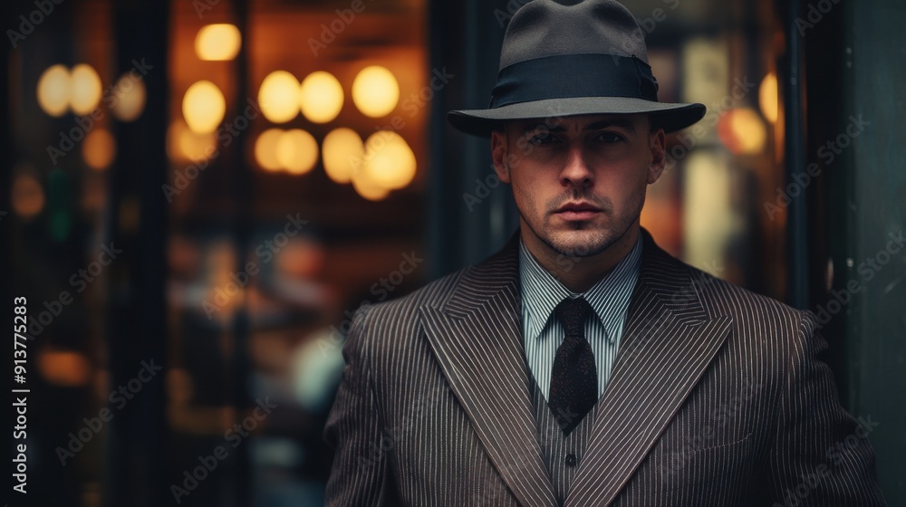Mysterious Man in 1920s Gangster Attire Standing by Blurred Speakeasy Entrance Mysterious Man in 1920s Gangster Attire Standing by Blurred Speakeasy Entrance