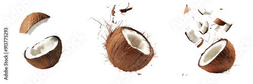 Set of A coconut falling isolated on transparent background photo