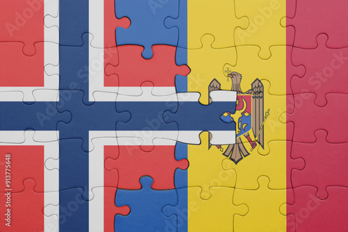 puzzle with the colourful national flag of moldova and flag of norway .