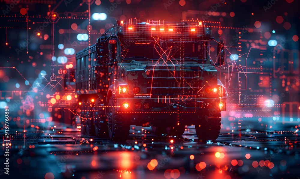 A futuristic semi-truck adorned with vibrant, neon lights travels along a wet road at night. The truck's cab and trailer are illuminated with orange and blue LED lights, creating a dynamic A futuristic semi-truck adorned with vibrant, neon lights travels along a wet road at night. The truck's cab and trailer are illuminated with orange and blue LED lights, creating a dynamic