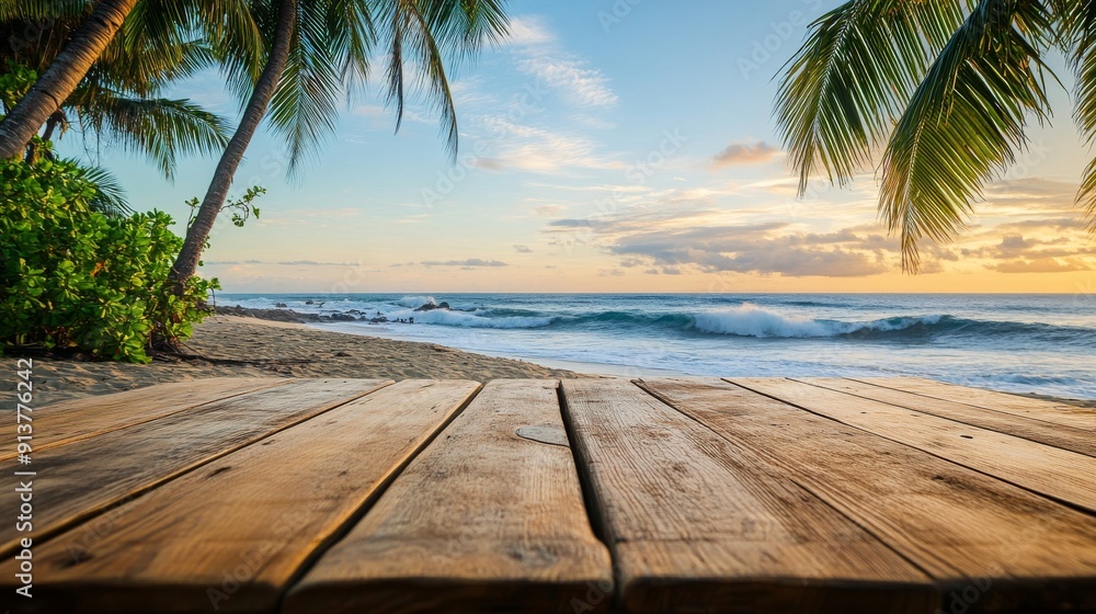 A wooden table overlooks a tranquil beach at sunset, framed by palm trees, offering a perfect view of the waves and vibrant sky A wooden table overlooks a tranquil beach at sunset, framed by palm trees, offering a perfect view of the waves and vibrant sky