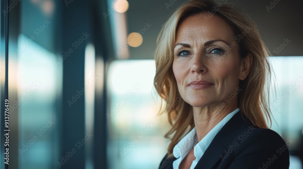 A middle-aged woman in professional attire participates in a video conference, focused and engaged in a modern office environment with natural lighting A middle-aged woman in professional attire participates in a video conference, focused and engaged in a modern office environment with natural lighting