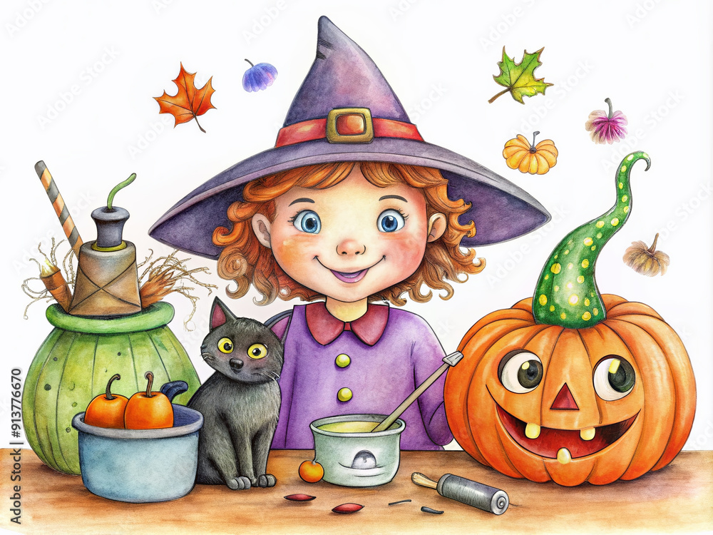 Fototapeta premium Whimsical Halloween coloring page features a smiling witch and her feline companion surrounded by trick-or-treat essentials, perfect for kids' creative fun and learning.