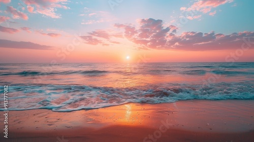  The sun sets over the pink and blue ocean, waves crash onto the sand