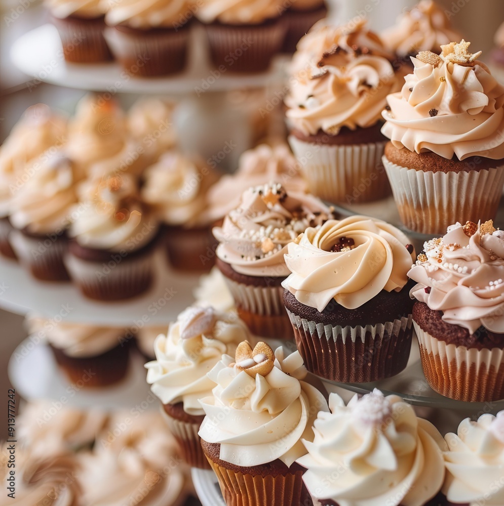 Charming cupcakes with a variety of flavors and beautifully decorated toppings with the bokeh background of the wedding reception, highlight the celebratory and sweet moments. Charming cupcakes with a variety of flavors and beautifully decorated toppings with the bokeh background of the wedding reception, highlight the celebratory and sweet moments.