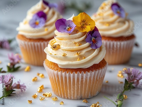 A gourmet cupcake adorned with edible flowers and gold flakes, displayed on a marble surface, with a blurred background of a chic bakery for a touch of elegance and sophistication photo