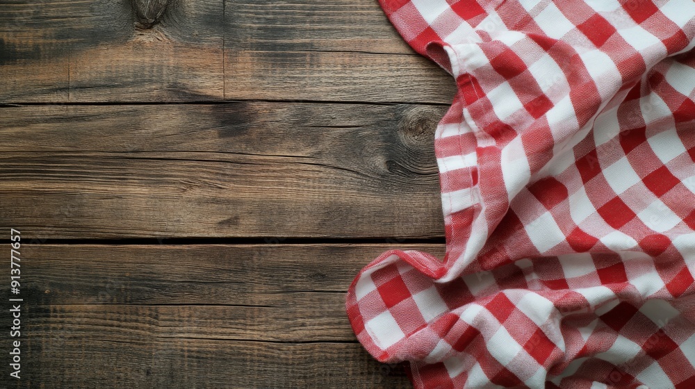 Obraz premium A red and white checkered tablecloth lays elegantly on a rustic wooden table, perfect for setting up an inviting dining or picnic atmosphere