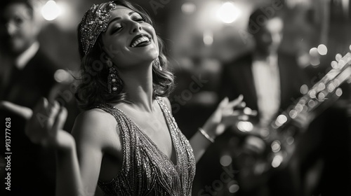 Elegant 1920s Flapper Woman Dancing with Blurred Jazz Band in Background