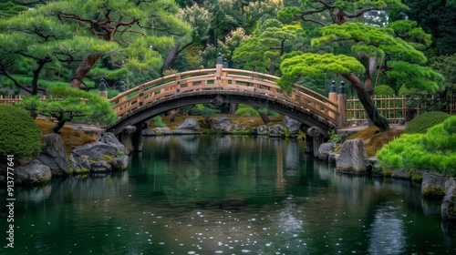  A bridge spanning over a body of water, surrounded by trees and foreground rocks