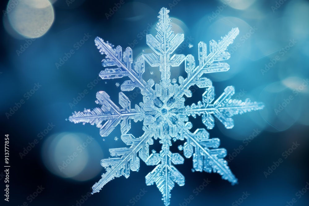Close-up of a detailed snowflake crystal against a soft blue bokeh backdrop Close-up of a detailed snowflake crystal against a soft blue bokeh backdrop