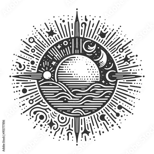 abstract celestial elements, including the sun, moon, stars, and waves in a harmonious design sketch engraving generative ai vector illustration. Scratch board imitation. Black and white image.