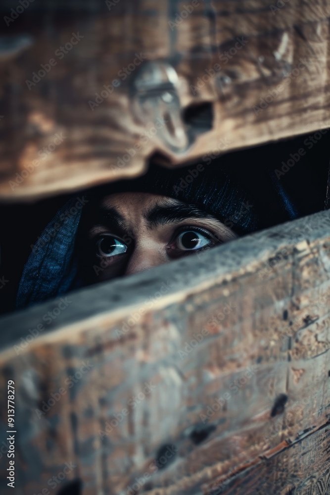 Tense Moment of a Robber Hiding Inside a Wooden Crate, Disguised and Peeking Out Tense Moment of a Robber Hiding Inside a Wooden Crate, Disguised and Peeking Out