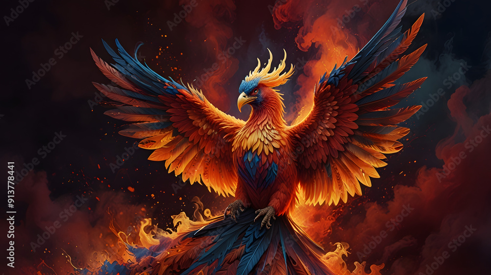 Glowing Fire Phoenix Radiating with Fiery Energy and Red Smoke Glowing Fire Phoenix Radiating with Fiery Energy and Red Smoke