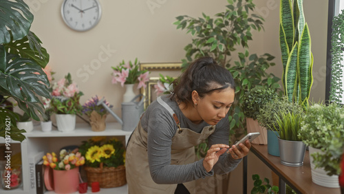 Hispanic woman using smartphone in a flower shop surrounded by diverse plants and flowers, representing a modern indoor business scene. photo