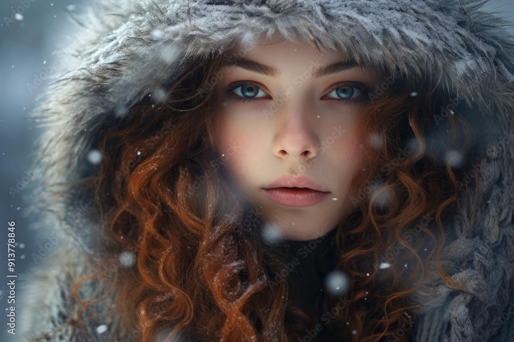 Enchanting young woman with striking blue eyes and curly hair, wrapped in a furry hood, amidst gently falling snow Enchanting young woman with striking blue eyes and curly hair, wrapped in a furry hood, amidst gently falling snow