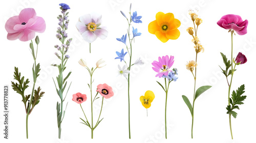 Colorful Wildflowers Blooming on a Transparent Background, Perfect for Digital Design Projects