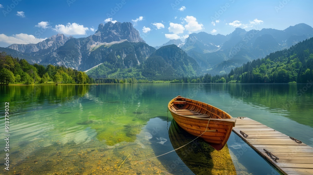 A boat tied to a dock against a lake backdrop, with mountains distant and a foreground of mirrored water A boat tied to a dock against a lake backdrop, with mountains distant and a foreground of mirrored water