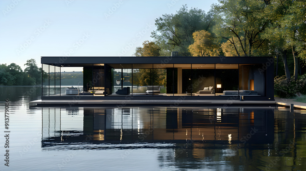 Modern Glass House on Lake - 3D Rendering Modern Glass House on Lake - 3D Rendering