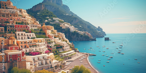 View of Positano town, famous old italian resort at summer day, Italy, retro toned.