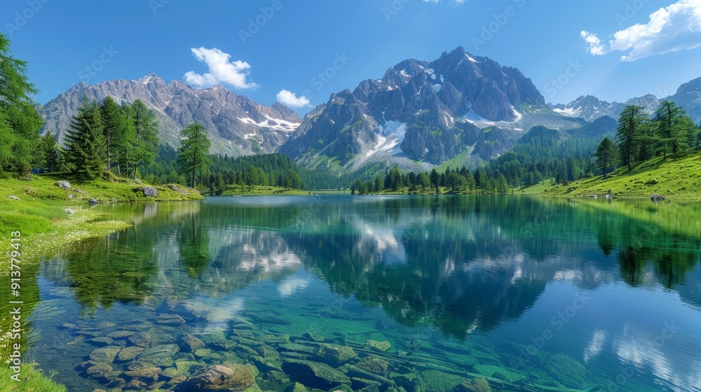Naklejka premium A mountain lake with crystal-clear water and emerald grass in the foreground, contrasted by a blue sky dotted with fluffy clouds in the background