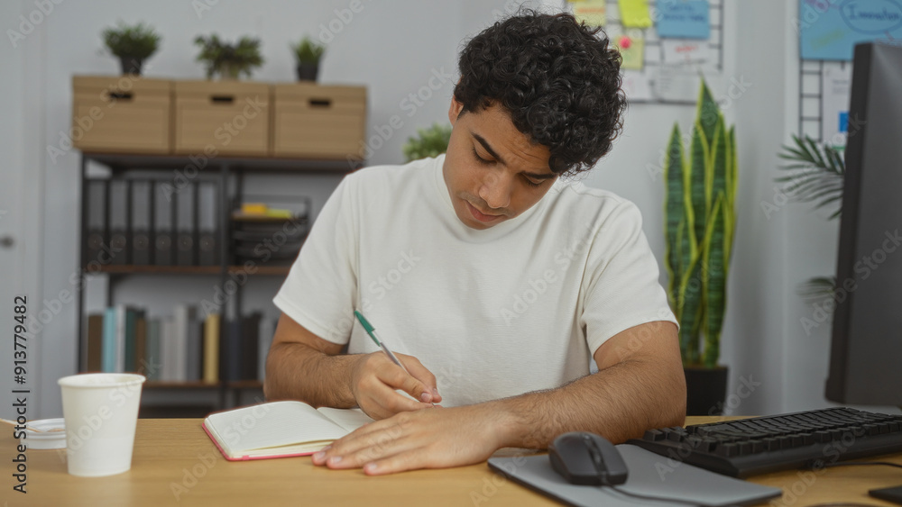 Young hispanic man writing in a notebook in a modern office environment, surrounded by plants, bookshelves, and a computer, focused on his work while drinking coffee. Young hispanic man writing in a notebook in a modern office environment, surrounded by plants, bookshelves, and a computer, focused on his work while drinking coffee.